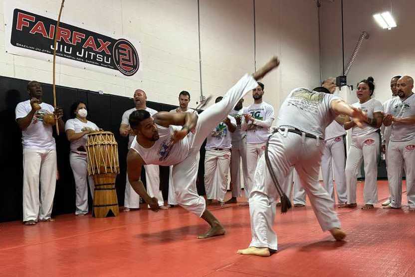 Capoeira students training in a roda with kicks, drums.